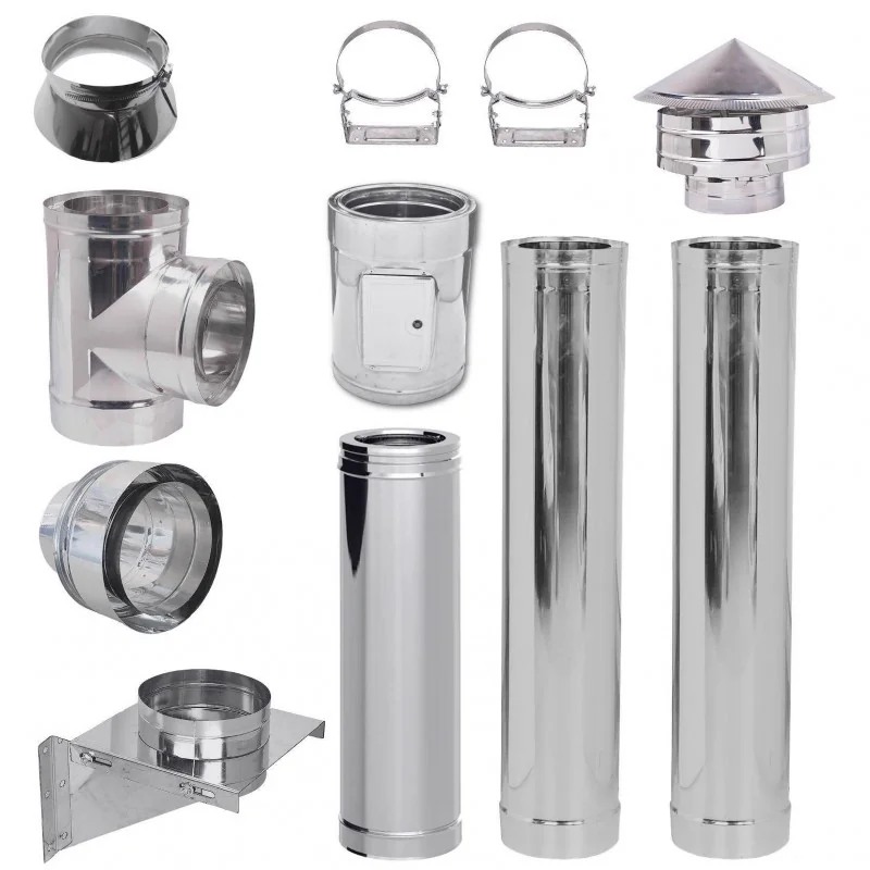 Gamme complète d'éléments double paroi inox : coude, té, tubes, chapeau et colliers de fixation