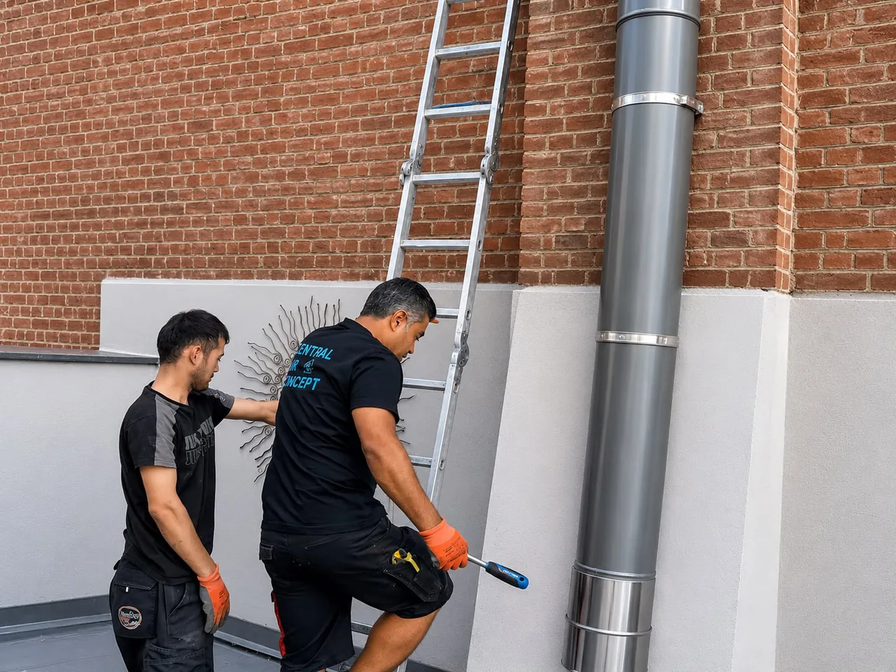 Deux techniciens Central Air Concept installant un conduit d'extraction inox double paroi sur la façade en briques d'un bâtiment bruxellois