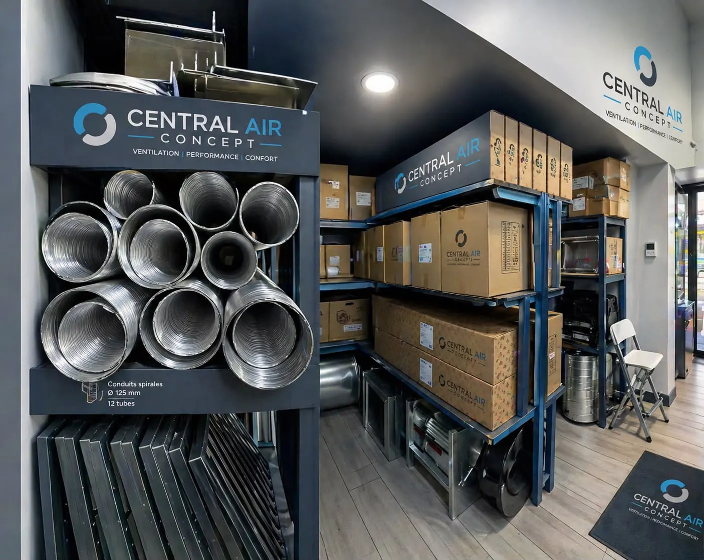 Intérieur du magasin Central Air Concept avec conduits spiralés et pièces de ventilation